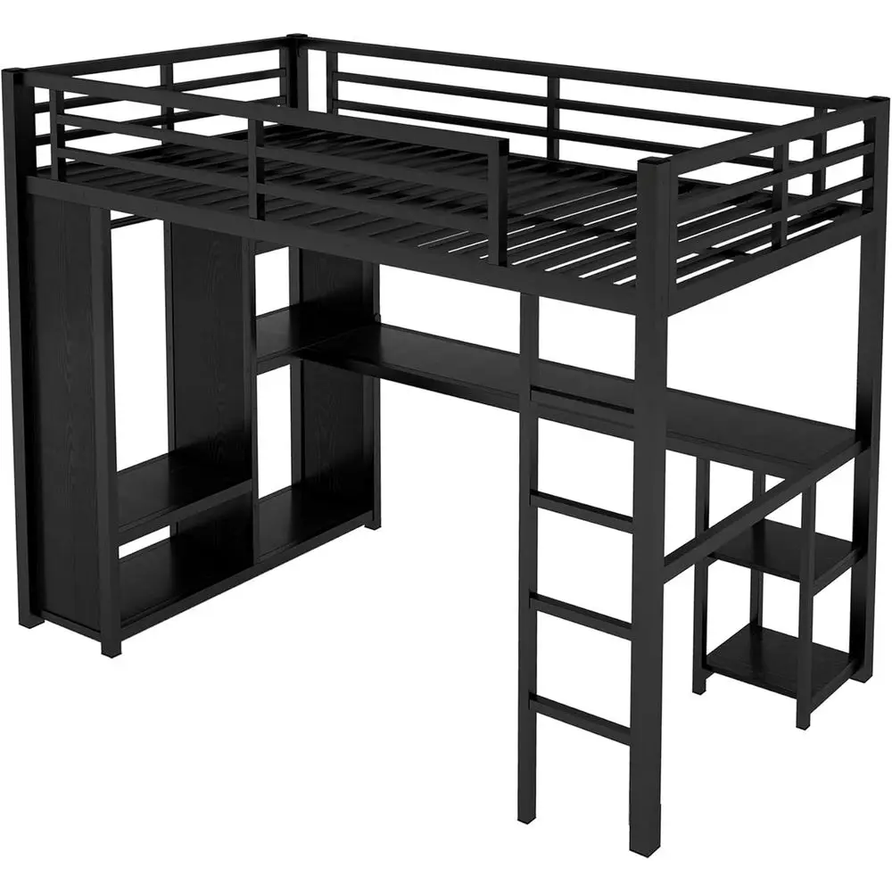 Sturdy Metal Twin XL Bed with L-Shaped Desk, Wardrobe, and Storage, Ideal for Kids and Teens in Black view 5