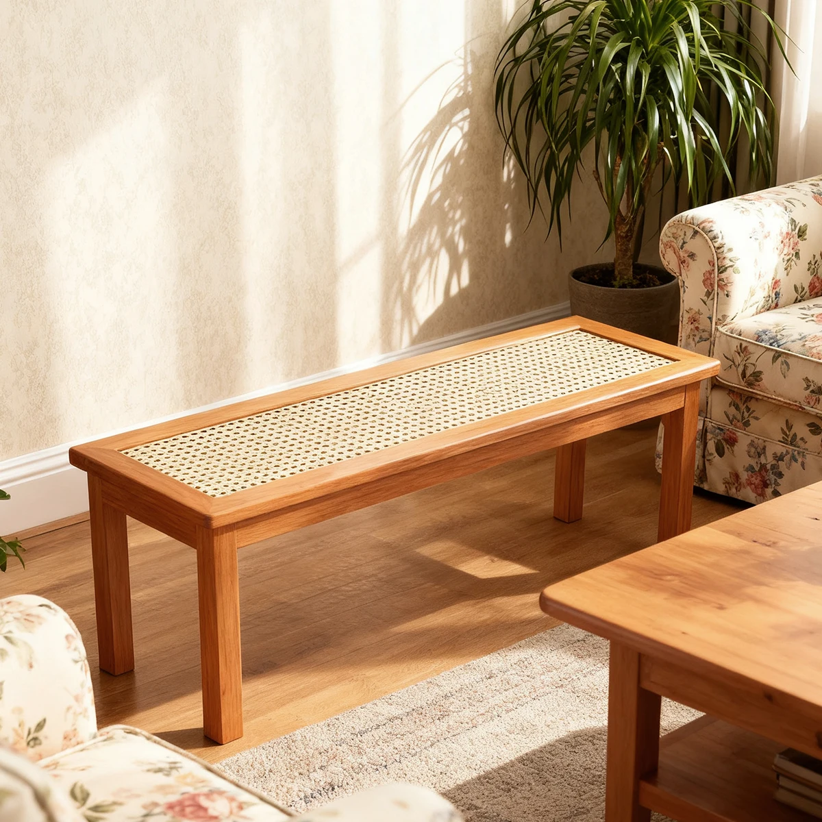 Multi-Size Bamboo Long Bench, Durable Plastic Rattan Seat & Rounded Edge for Dining/Entryway/Bedroom Versatile Seating