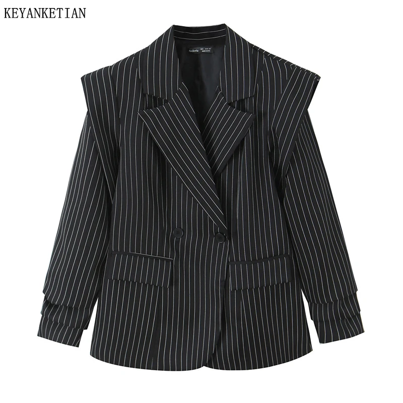 

KEYANKETIAN 2026 Весенний Новый Женский Шикарный Черно-Белый Полосатый Блейзер с Двубортным Кроем и Многослойным Дизайном, Повседневная Рабочая Одежда, Верхняя Одежда