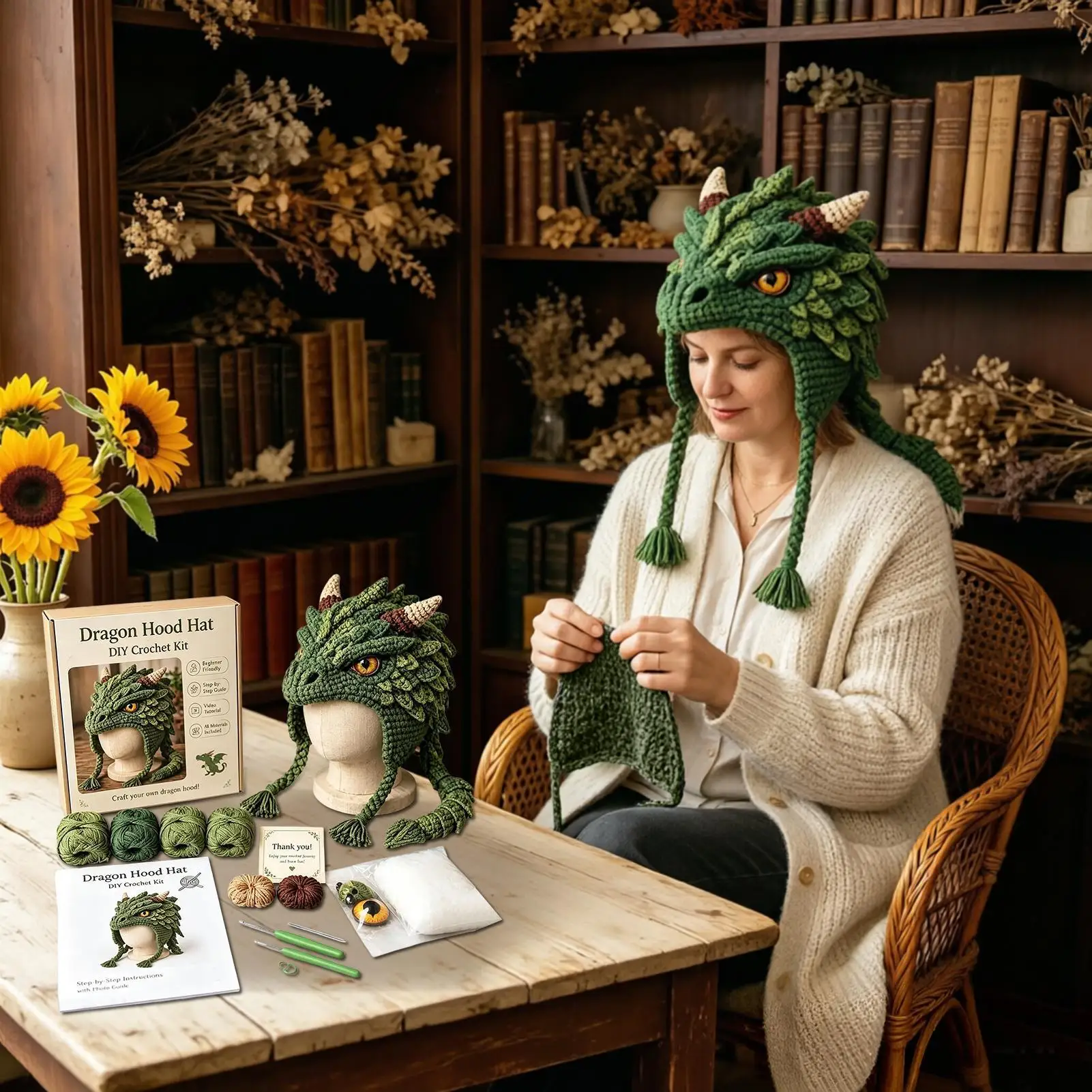 Crochet Hat Kit For Beginners Knitting Animal Headwear Photo Props With Step-by-step Guide Crochet Hat DIY Supplies For Adults