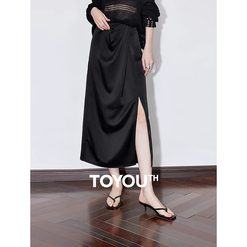 TOYOUTH Women Skirt 2025 Spring New French Satin Open Split Ankle Length A Line Elegant Black Party Skirt