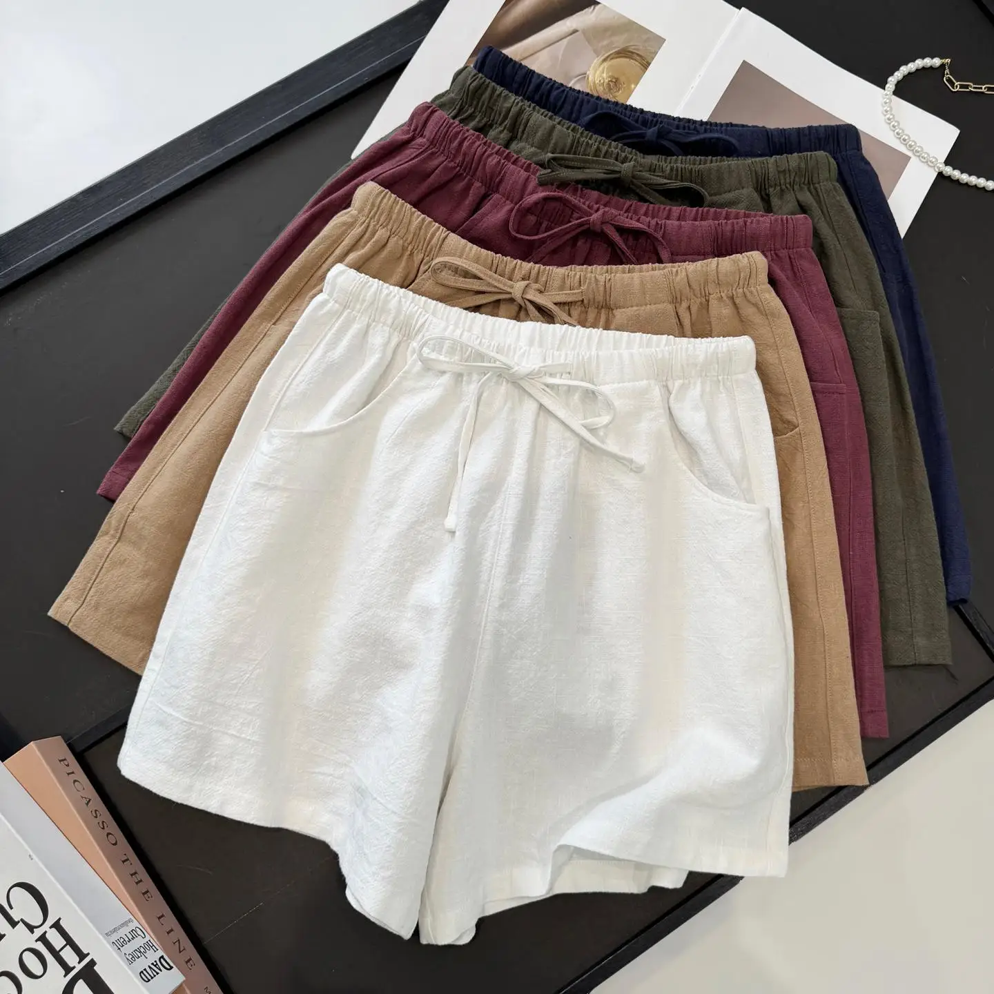Lightweight Breathable Lin Lyocell Cotton Natural Texture A-Line Loose Wide Leg Casual Shorts for Women Summer 2026 Casual Style
