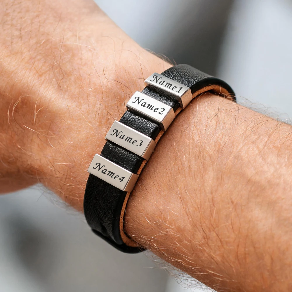 Personalisiertes Lederarmband mit Namensgravur, schwarzes/braunes Leder, Edelstahl-Schmuck für Herren, ID-Armband