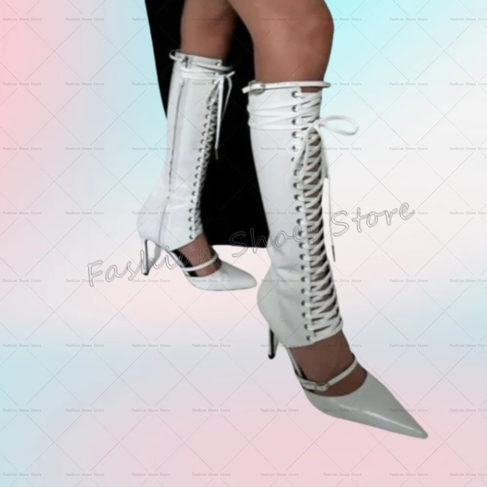

White Lace up Pointed Toe Sandals Boots Matte Leather Women Shoes Thin High Heels Party Banquet Dating 2025 Zapatos Para Mujere