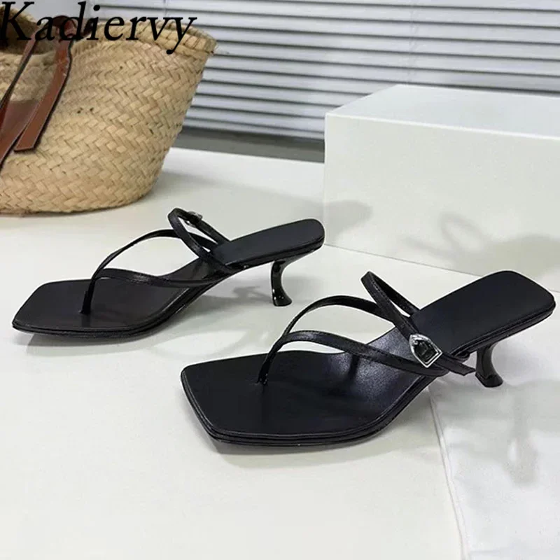 

Sexy Kitten Heels Slippers Woman Genuine Leather Narrow Band Sandals Women Flip Flops Summer Shoes High Heels Slippers Women