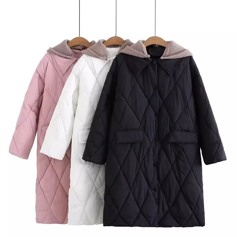 Oversized Long Jacket Women For Winter 2023 Korean Casual Loose Fashion Warm Knitted Hooded Patchwork Argyle Cotton Coat Z324