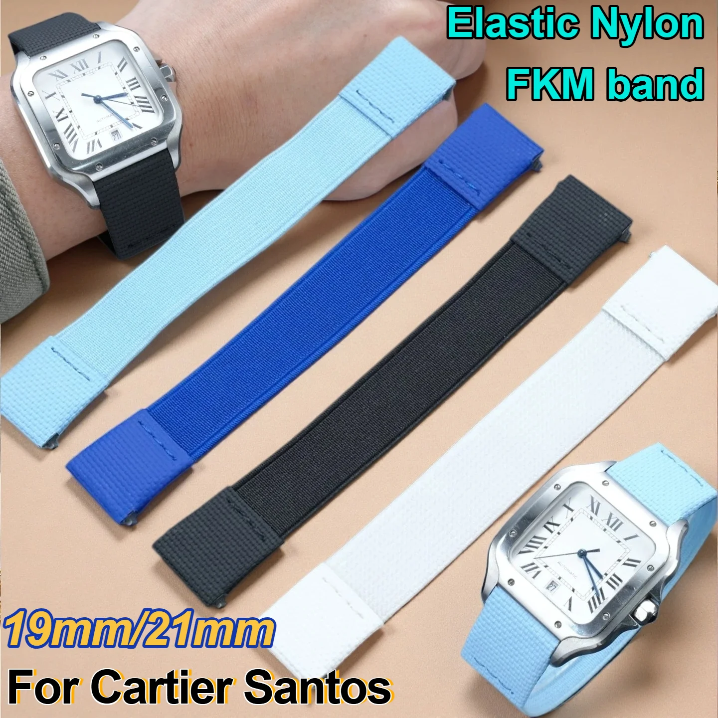 19mm 21m Quick-release Elastic One-Piece Nylon Fkm Rubber Watch Strap For Cartier Santos Wssa0009 Wssa0010 Replace Band Bracelet