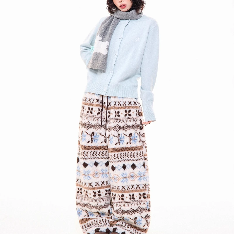Christmas Lamb Wool Wide-Leg Women's Trousers 2025 Winter New Versatile Loose Y2k Thickened Warm Straight-Leg Sweatpants Ladies
