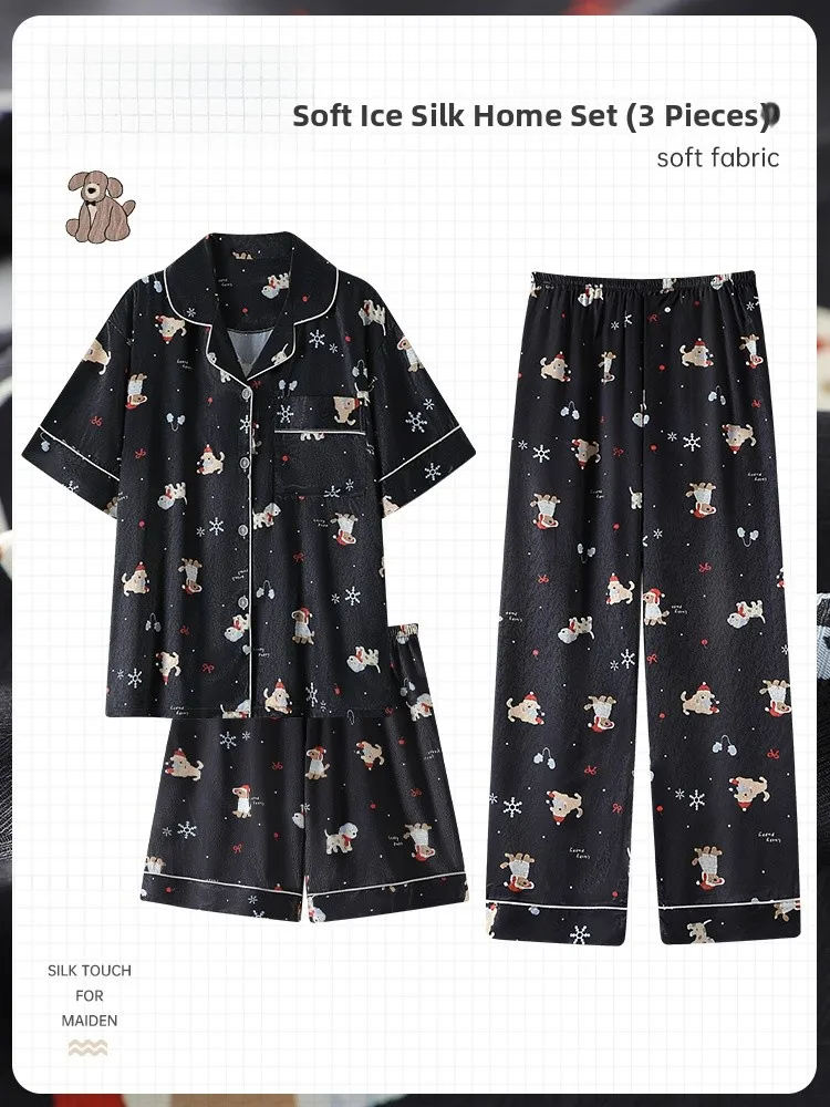 

Summer Ice Silk ort Sve Long Pants Spwear Women's Thin Tee-piece Set Home Clothes Cartoon Cute Sle Dianxue Brand