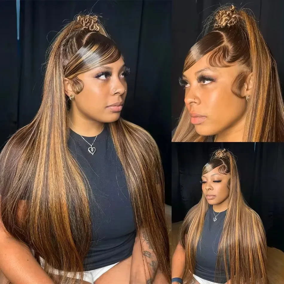 Piano Color Bone Straight Human Hair Wigs P4/27 Highlight 200% High Density 36 Inches Long-length 13x6 13x4 HD Transparent Lace Frontal Wig Pre Plucked For Women Brazilian Hair