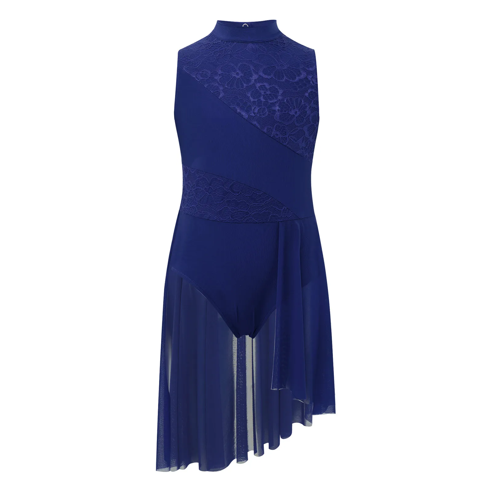 

Girls Lyrical Dance Ballet Dress Sleeveless Keyhole Back Floral Lace Patchwork Asymmetrical Hem Leotard Dress Ballerina Outfit