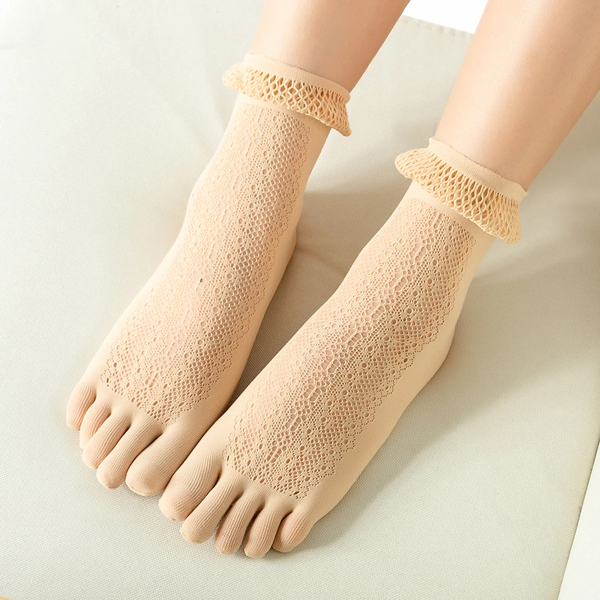 5 Pairs Five Finger Boat Socks Women Spring Summer Thin Plain Weave Shallow Mouth Velvet Ice Silk Sweat Absorbent Toe Socks