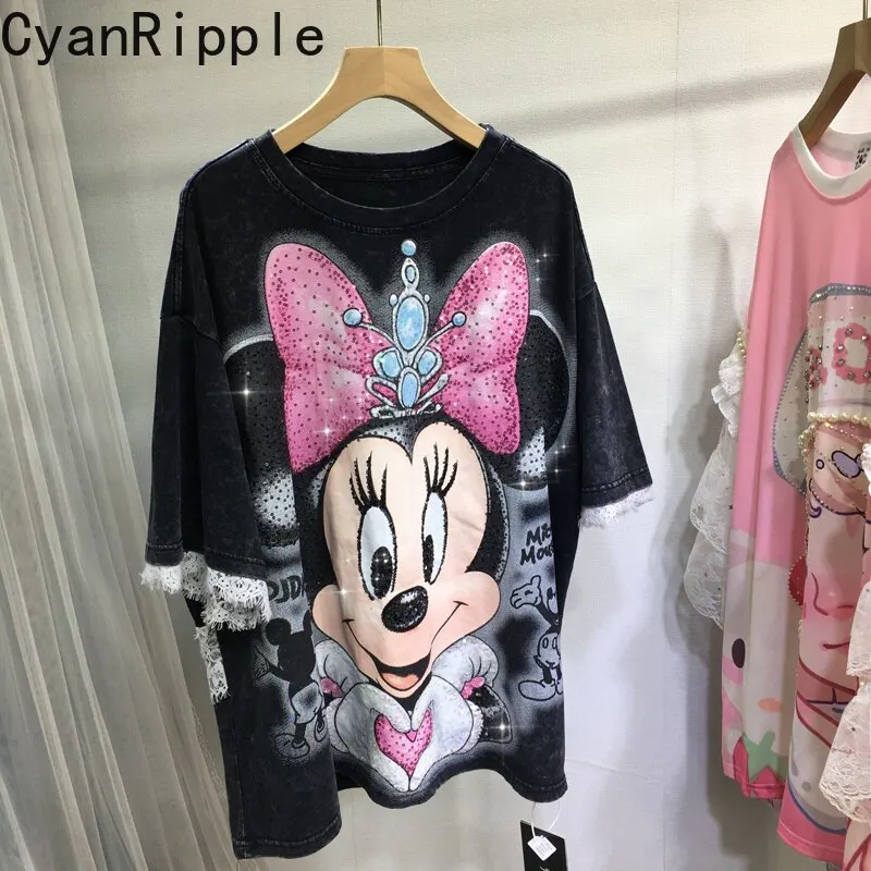 

Модная новая весенне-летняя свободная женская футболка с коротким рукавом, с пайетками, с изображением Минни, оверсайз, удлиненный элегантный кружевной повседневный топ