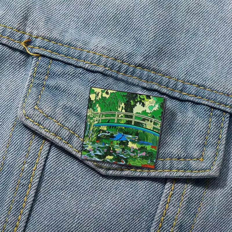 High Quality Monet Paintings Water Lilies and Nihonbashi Enamel Pin Metal Badge Landscape Oil Painting Brooch Fashion Jewelry