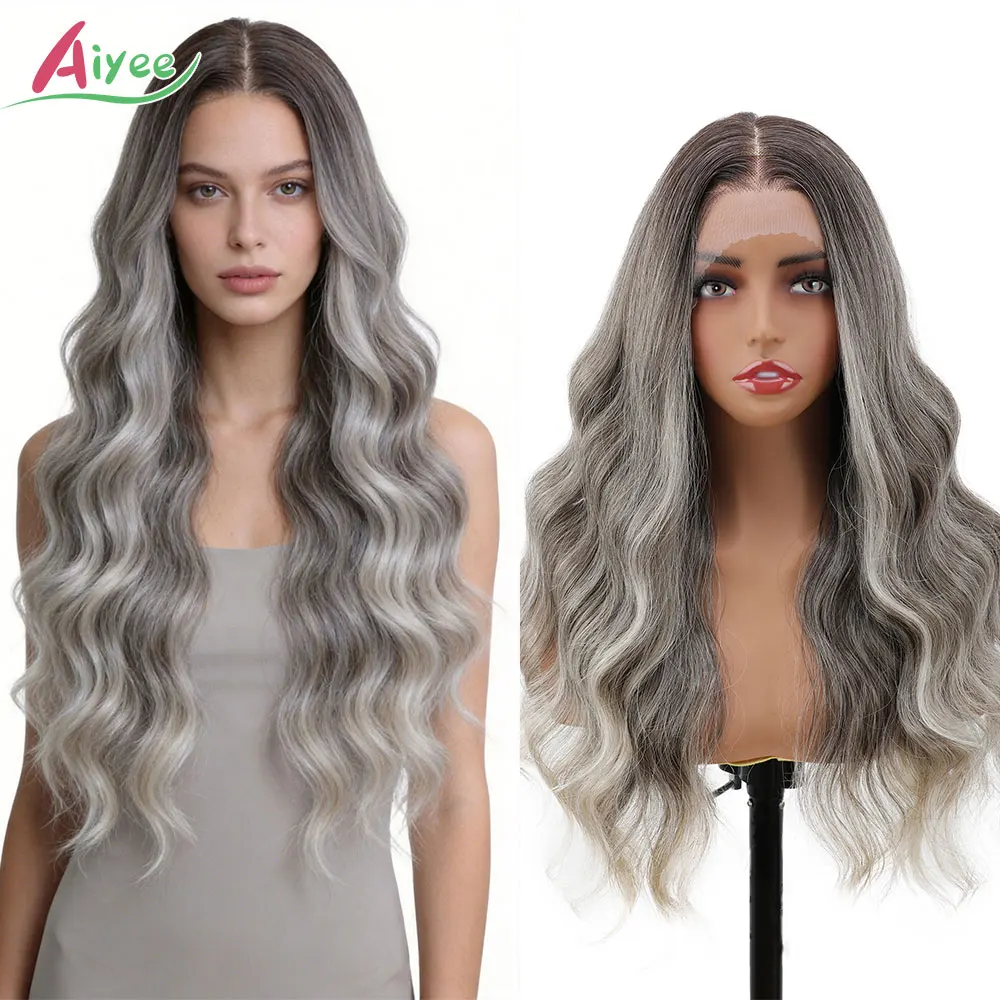 

AIYEE 24 Inch 360° Wavy Lace Front Wig Synthetic Hair Icy Blonde Mix Highlights Cosplay Hairpiece For Women 220g
