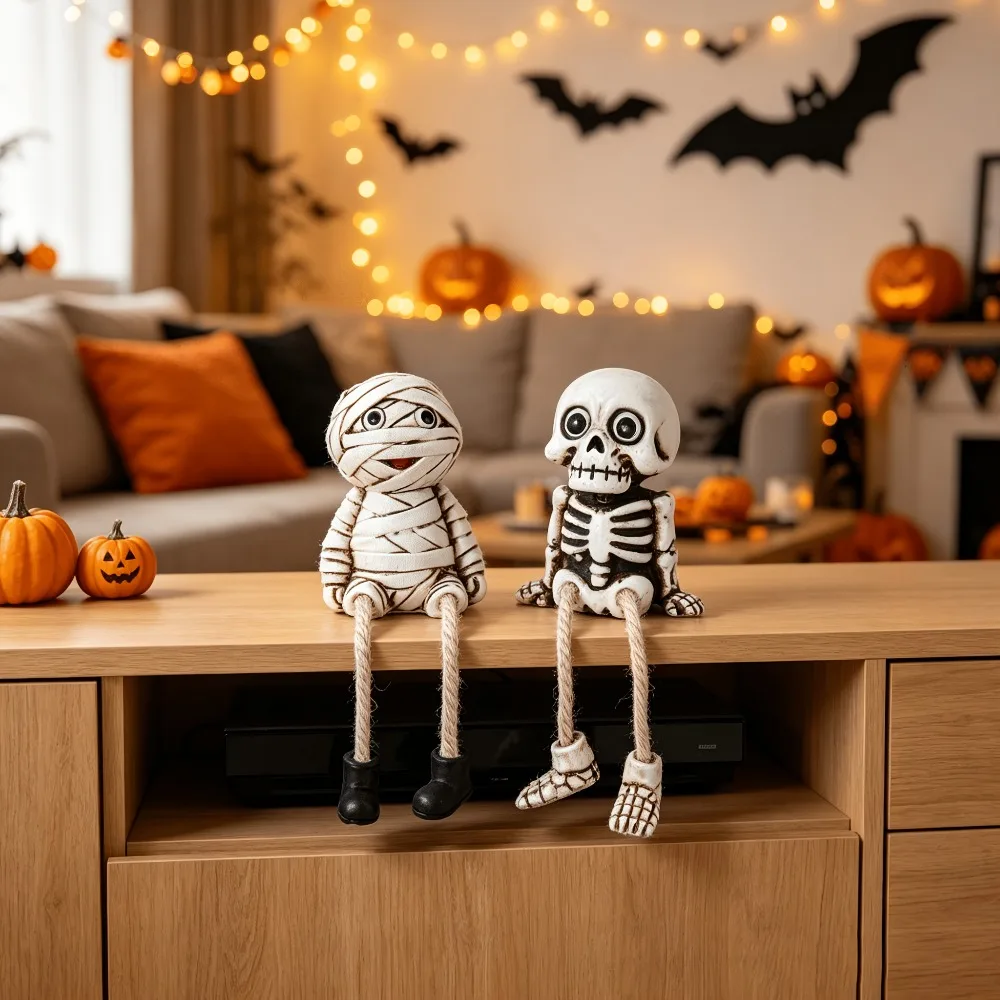 2Pcs Halloween Shelf Sitter Figurines, Mummy & Skeleton Resin Tabletop Ornaments for Indoor Home Halloween Decor