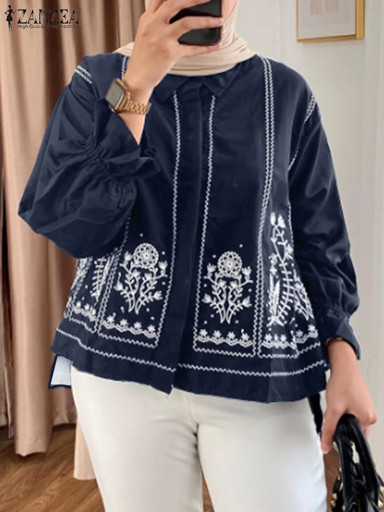Zanzea moda muçulmana hijabis camisas vintage étnico floral impressão manga longa alta-baixa chemise islâmico modesto colarinho topos
