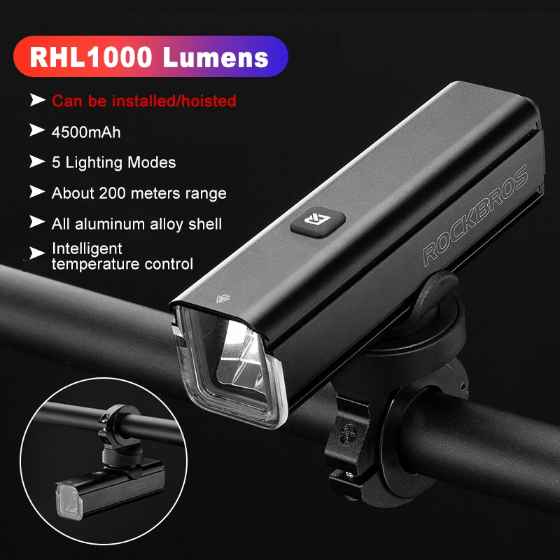 ROCKBROS 400-1000 Lumens Bike Headlight Cycling Flashlight Rechargeable Rainproof LED Bicycle Front Light for Outdoors Riding