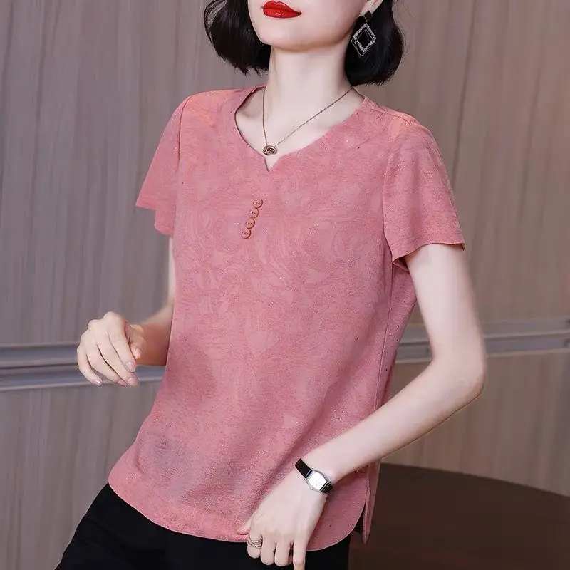 2023 Summer Korean Fashion Women\'s Rhinestone Round Neck Solid Short Sleeve T-shirts Casual Simple All Match Top Female Clothing