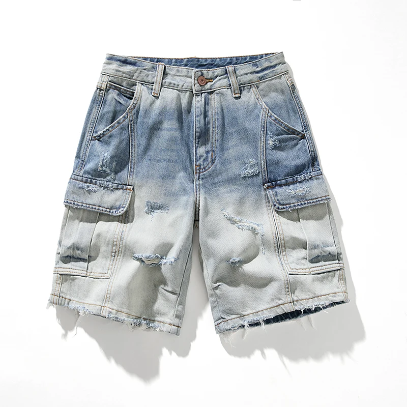 

Men High-end Cargo Denim Shorts 2026 New Trendy Brand Ripped Loose Fashion Versatile Summer Mid Pants Gradient