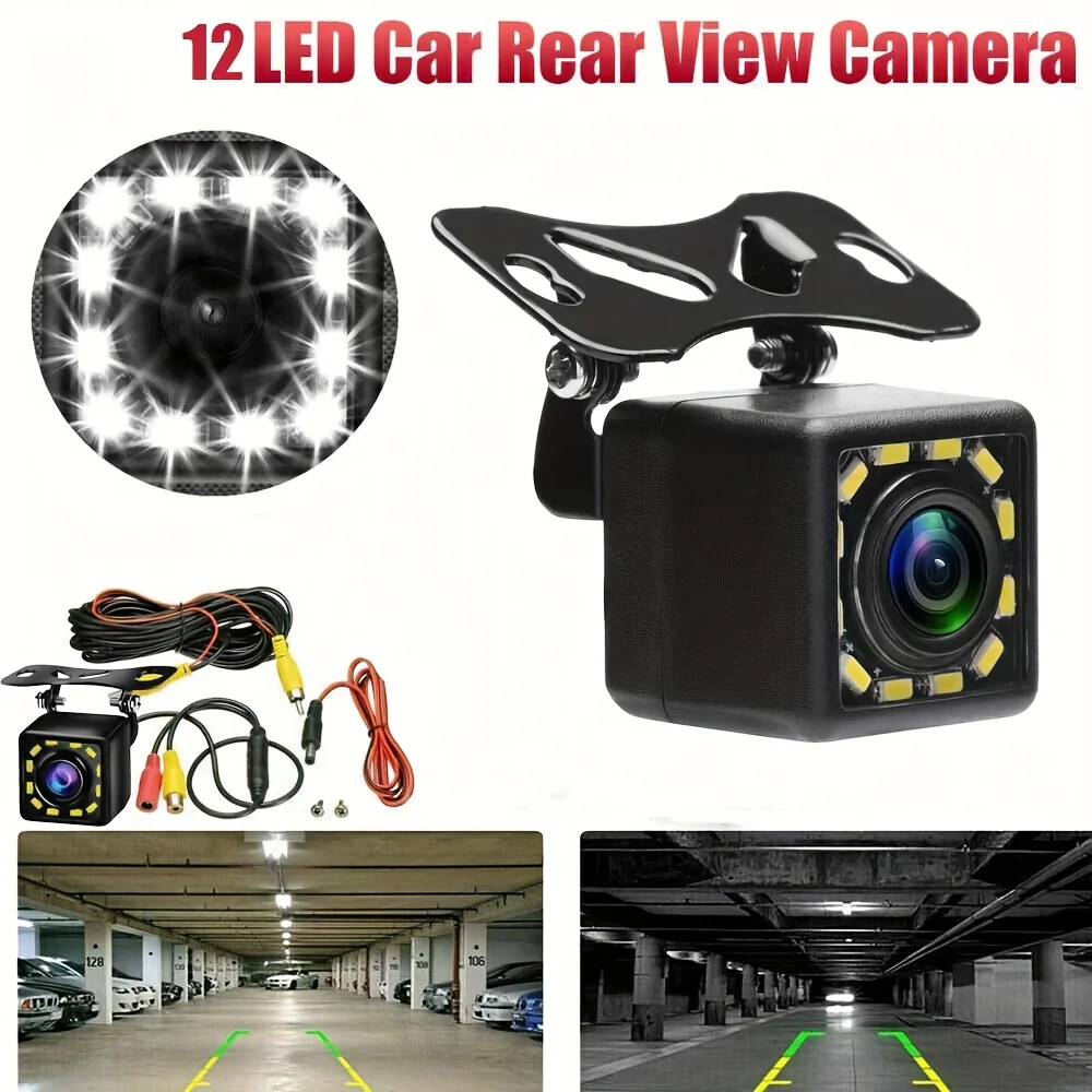 12-LED Wide Angle CMOS Car Rear View Camera with Night Vision, HD Reverse Assist Backup for All Vehicles, Parking Aid