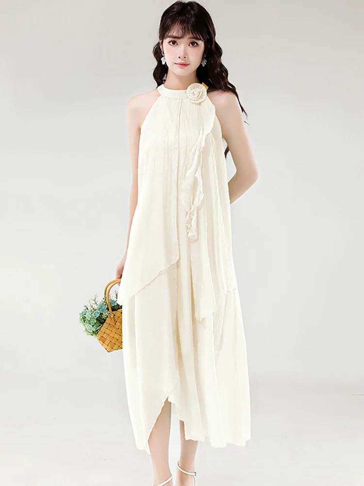 

2025 New Blue Chic Ruffled Elegant Neck-mounted Dress Summer Fashion Chic Loose Waist Dress Women Korean Casual Holiday Dresses