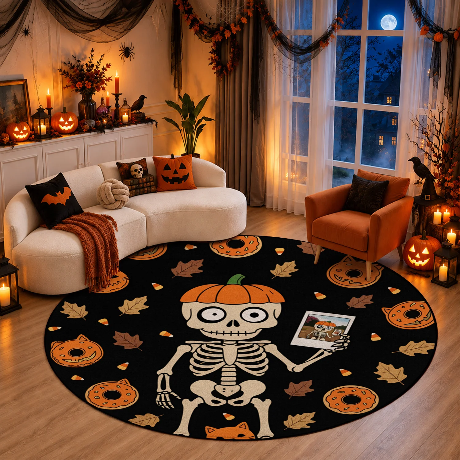 Round Skeleton Pumpkin Donut Autumn Leaf Print Velvet Floor Mat Machine Washable in Living Room Entryway Bedroom Ideal for Halloween Thanksgiving Christmas New Year Black Friday Cyber Monday