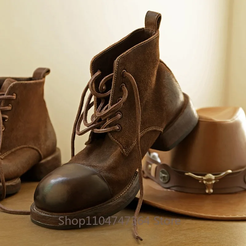 American Retro Horsehide Washed Round Toe Genuine Leather Work Boots Men's Shoes  Thick Soled Handmade Motorcycle Ankle Boots
