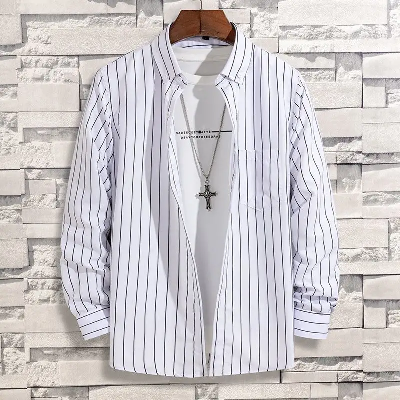 Spring Autumn New Fashion Striped POLO Collar Button Shirts Men\'s Clothing Long Sleeve Cardigan Korean Loose Trend Chic Blouses