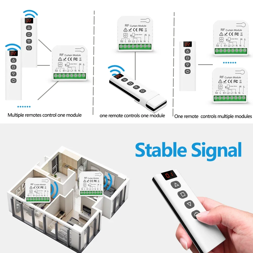 RF 433Mhz Electric Blind Curtain Switch with RF 5 Channels Remote for Electric Roller Shutter Curtain Motor Blinds for Windows