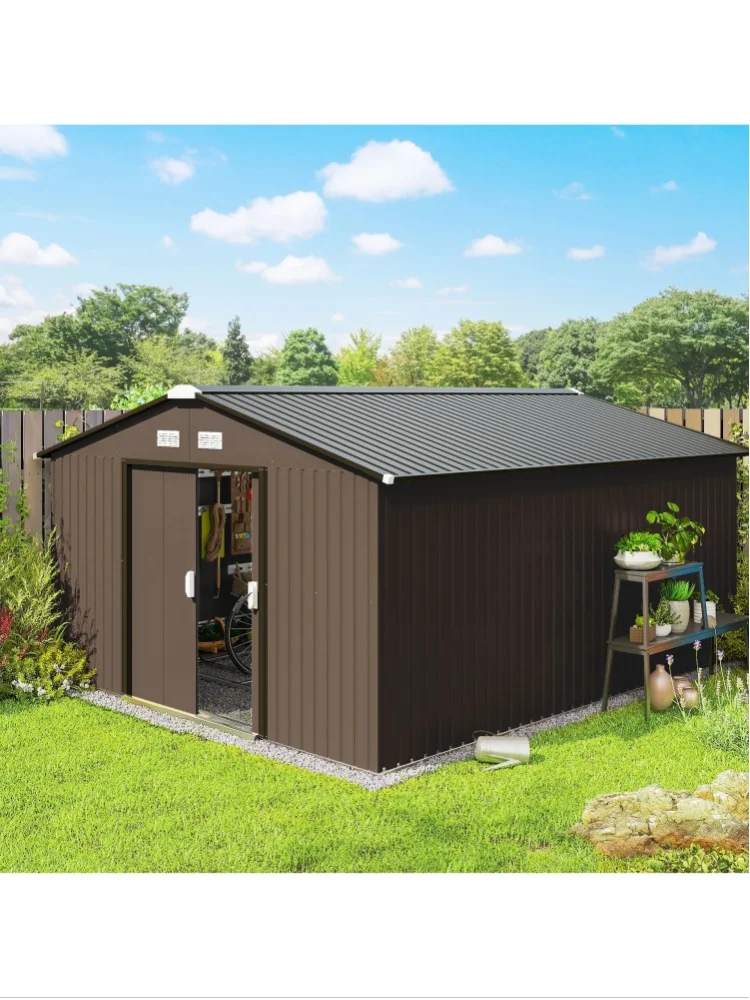 Outsunny Gerätehaus 12,4 m² Gartenhaus mit Satteldach, Schiebetür, Fundament Braun