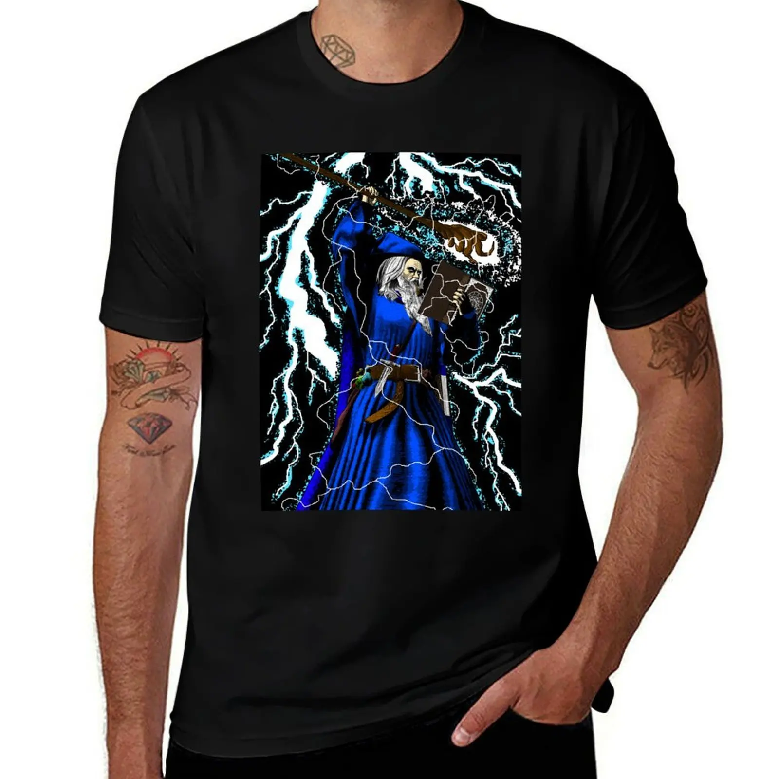 

Merlin - Traditional High Fantasy Wizard (Blue) T-Shirt man t shirt graphic man t shirt summer T-Shirt