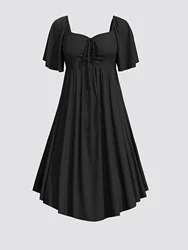 Robe mi-longue décontractée à manches courtes pour femmes, robe trapèze basique, grande taille, col nœud, mode élégante, robes à commande moyenne, monochromatique, 2024