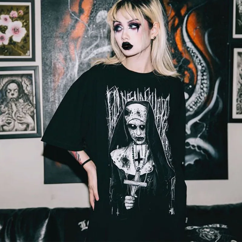Women's Cotton T-shirt Gothic Short Sleeve Tee Summer Horror Skull Graphic T Shirts Punk Streetwear Top Women 2026 Y2k Tshirt