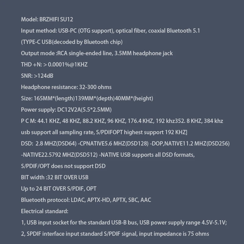 BRZHIFI SU12 AK4493SEQ*2 Audio DAC USB Amanero 32Bit 384KHz Decoder DSD512 Bluetooth 5.1 LDAC With HiFi Headphone Amplifier