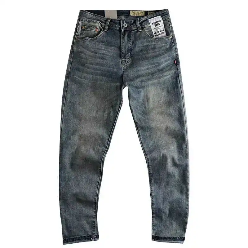 Retro American Waed Blue Jeans Men's Fit Straight Leg Versatile Four Seasons Youth Long Pants ket Patch Casual Denim