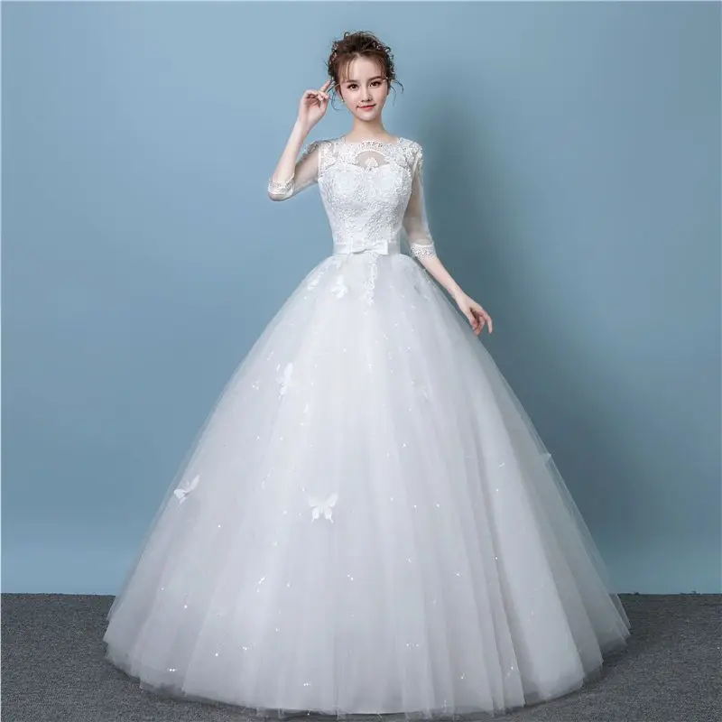 Main wedding dress new style bride pregnant wedding dress small size mid-length sleeve lace floor-length slim