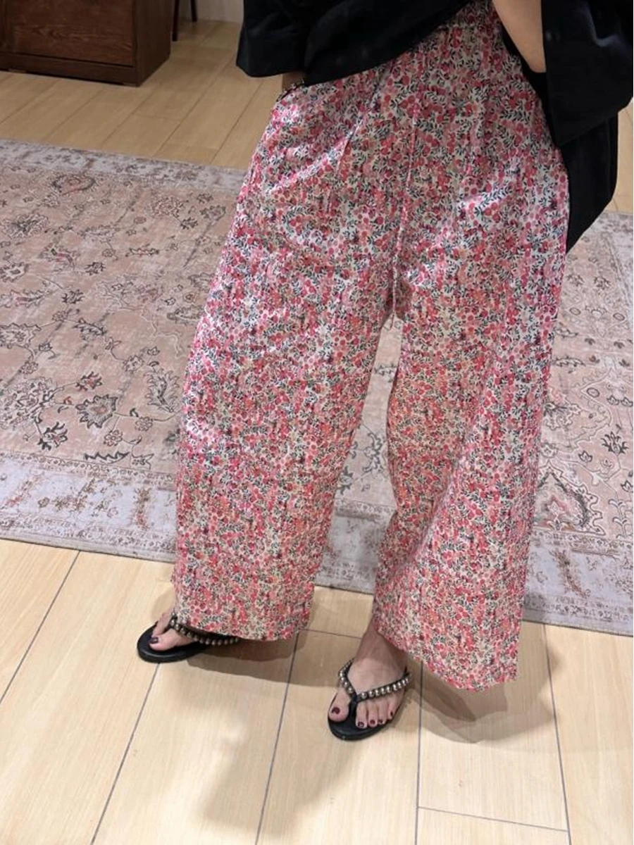 Sweet Style Elastic Waist Lightweight Straight Leg Floral Print Cool Long Pants Summer New Arrival Women's Casual Trousers