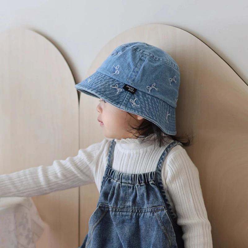 Girls' Fisherman Hat: Spring Autumn, Stylish Bowknot, Denim, Sun Protection, Sunshade, Toddler Bucket Hat