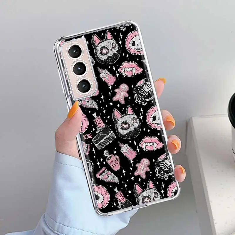 Custodia per telefono strega teschio gatto rosa per Samsung Galaxy S24 S23 S22 Ultra S21 Plus S20 FE S10 S10E S9 S8 + Cover Capa Funda