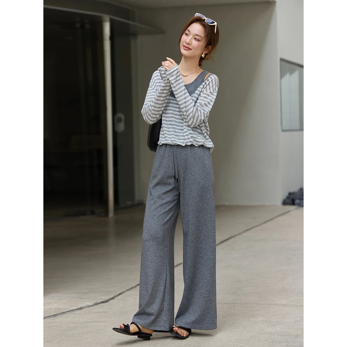VIMLY Women's Casual Sets for Woman 2026 Spring New Grey Striped Fake Two-Piece Top High Waisted Wide Leg Pant 2 Piece Set 30781 view 5