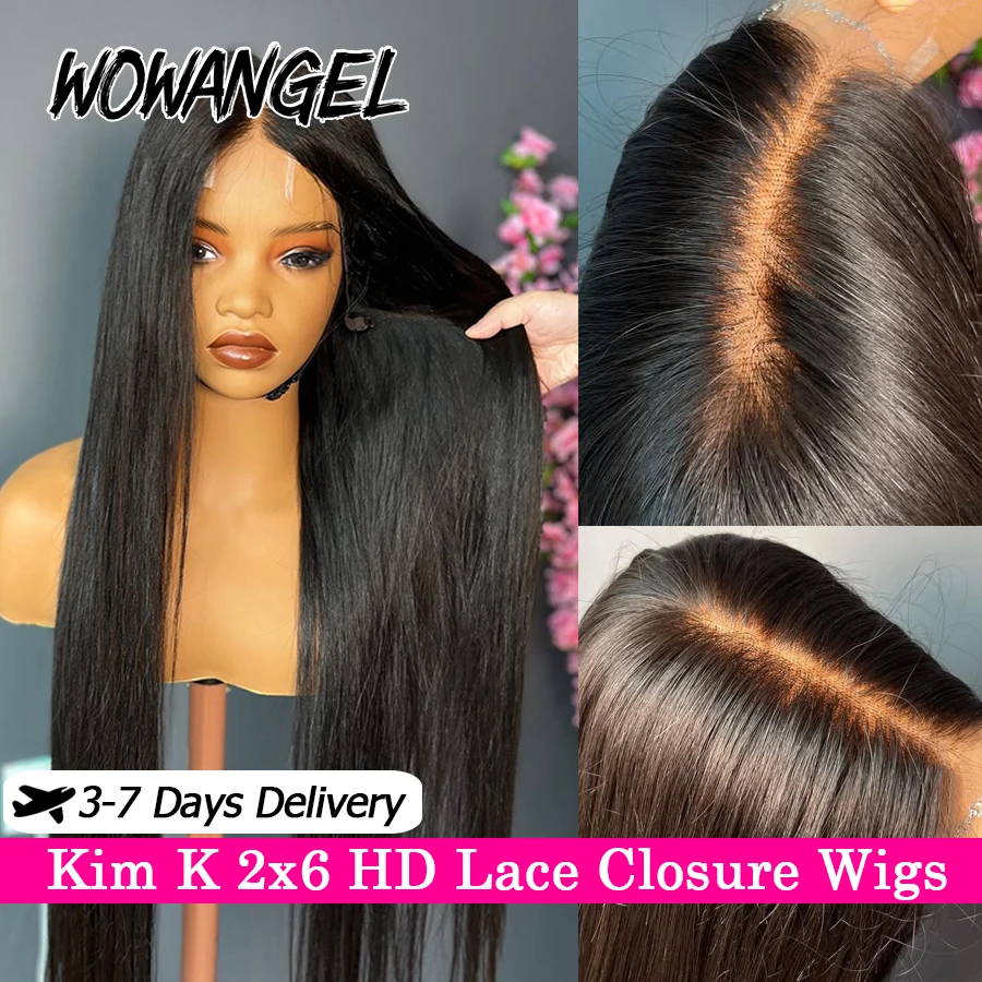 WOWANGEL KIM K 2x6 HD Lace Closure Straight Wigs Deep Parting Glueless Wigs Human Hair Wear and Go Melt Skins Brazilian Hair