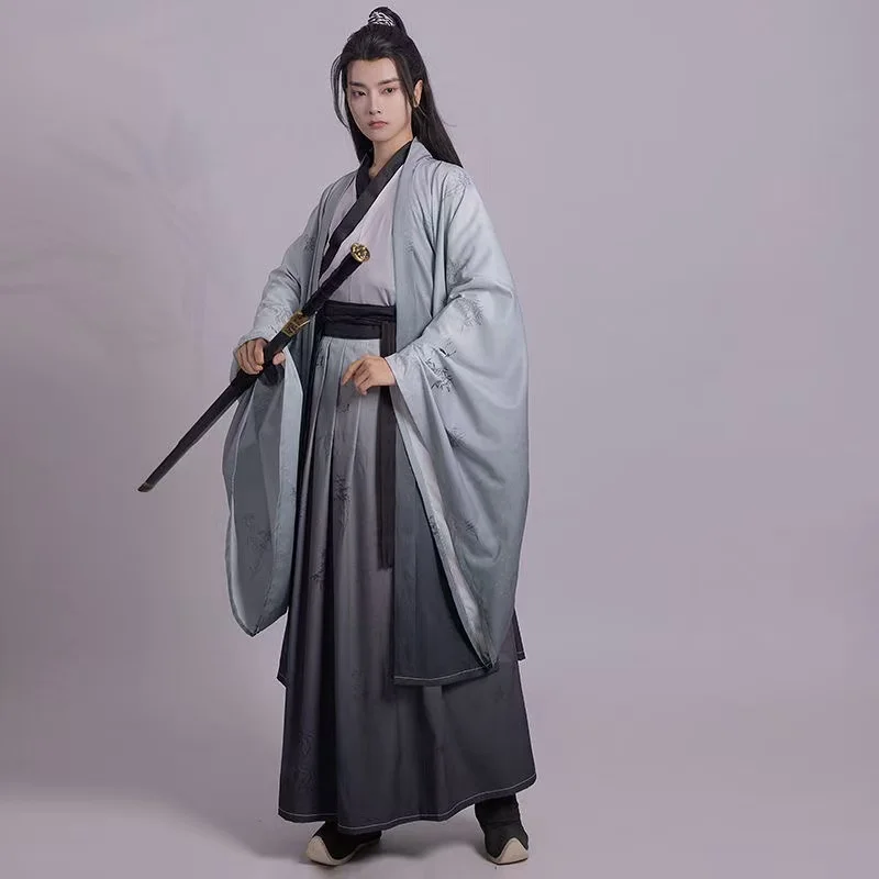 Men's Original Chinese Weijin Period Hanfu Dress Traditional Gray Printing Dyeing Gray Costume Cool Stylish Cosplay Clothing