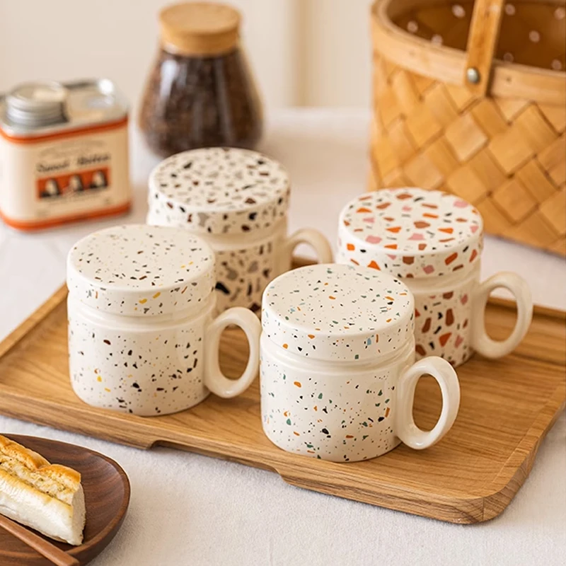 Terrazzo Ceramic Mug with Lid Milk Coffee Mug Breakfast Couple Cup Living Room Decoration Home Decoration Ceramic Lid Cup