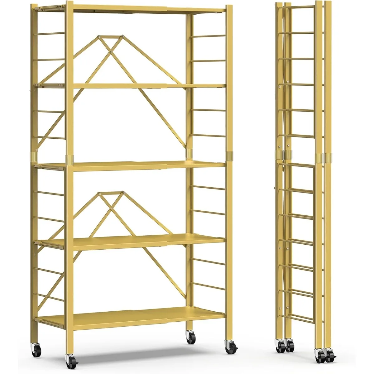 

5-Tier Foldable Metal Storage Shelf Gold, Expandable with Wheels, Converts to 2-Tier Adjustable Rack for Home Garage Organize