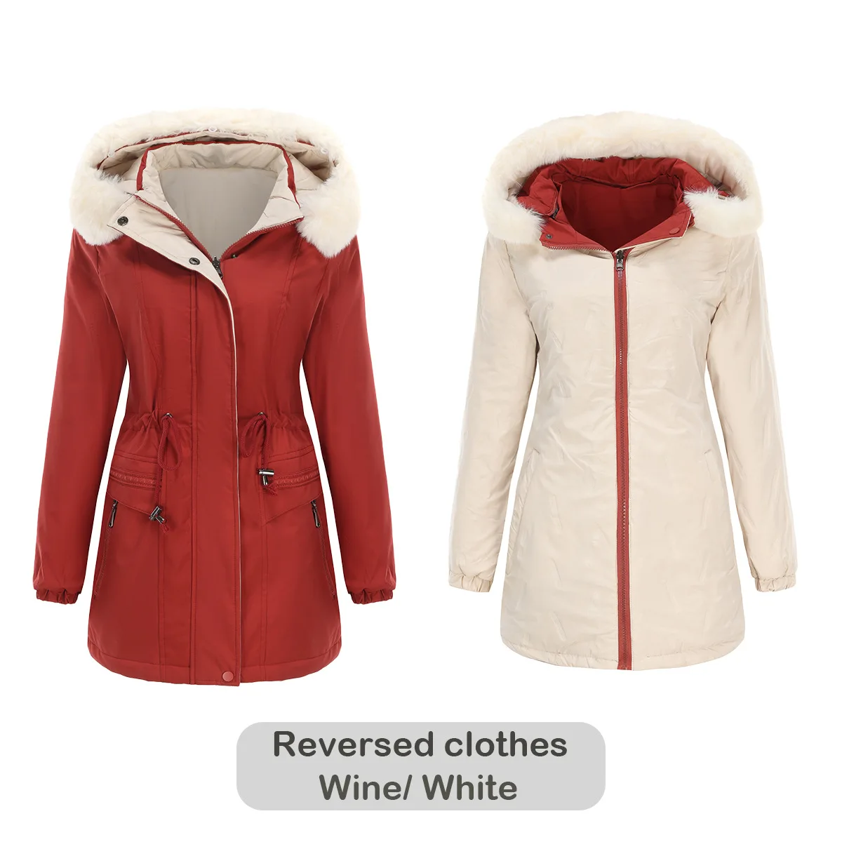 Autumn Winter Women\'s Parka Coats Female Double Sided Warm Cotton Jacket Detachable Cap Zipper Thick Cotton Fur Collar Jacket