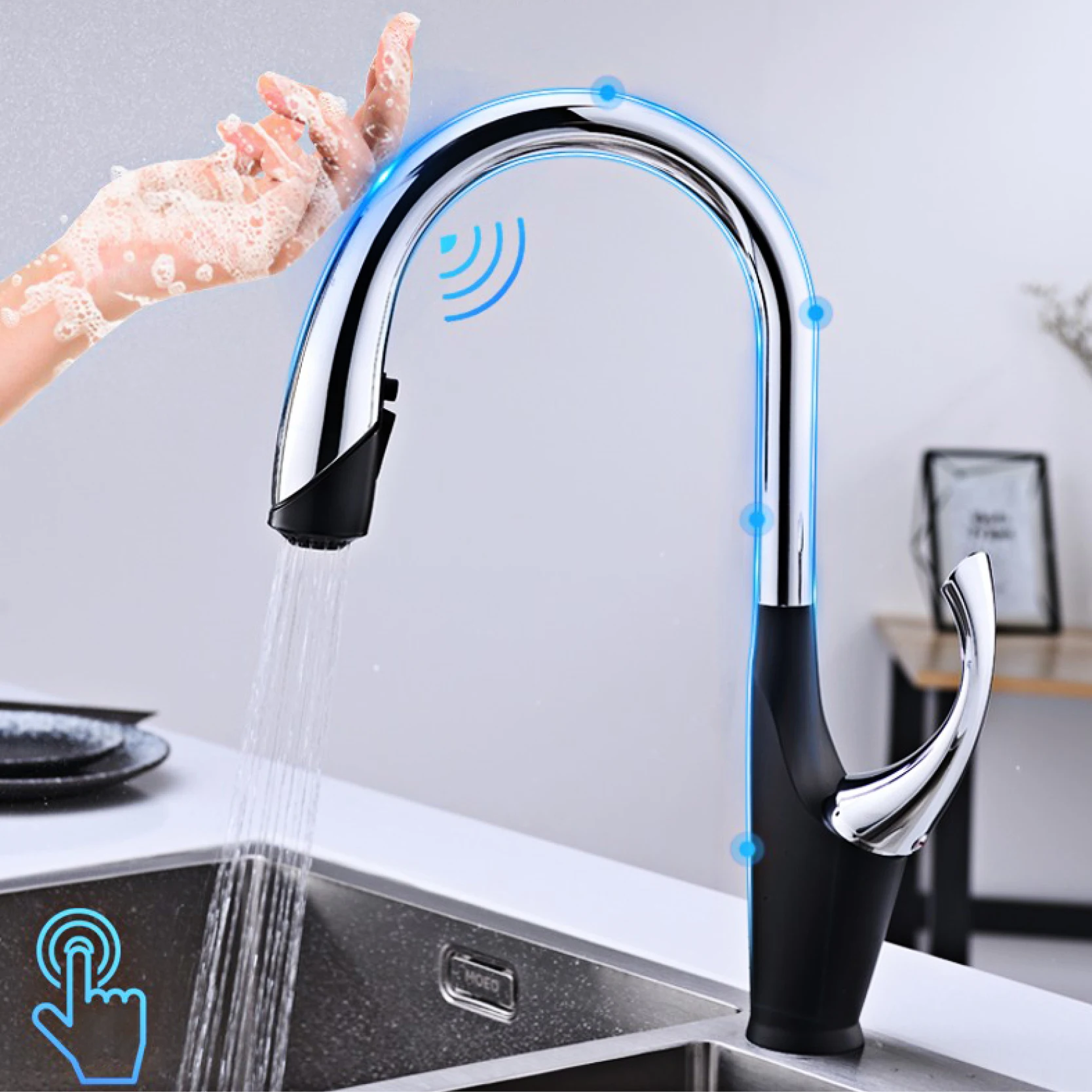 Luxury Black Brass Touch Switch Kitchen Faucet Single Handle Ceramic Valve Core Hot&Cold Water Pull-Out Type 3-Function Sink Tap