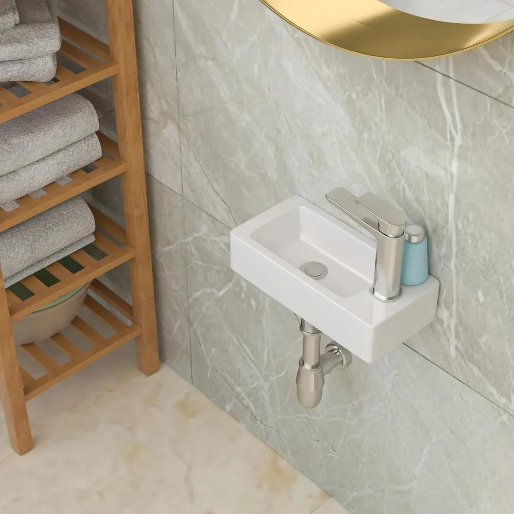 

Corner Wall-Mounted Small Bathroom Sink, 15x7 White Ceramic Hand Wash Basin for Compact Spaces