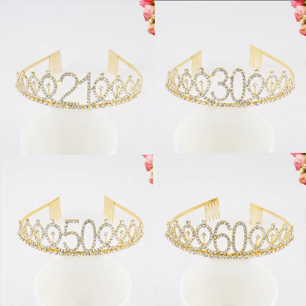 1Pcs Birthday Crown Rhinestone Alloy Insertion Comb Stable Wearing Gold Number Crown for Party Engagement Glamorous Shine