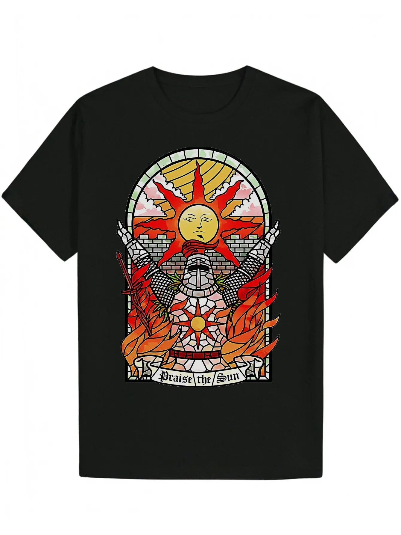 

Men S Black T-Shirt with Sun Flames Design Praise the Sun Text Casual Summer Tee Retro Style Light Stretch Fabric